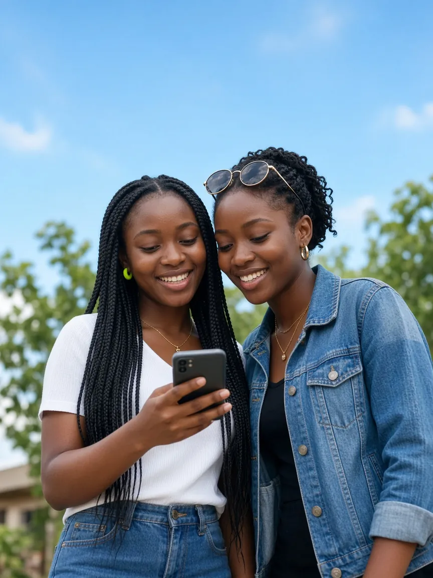 Two friends smiling at a phone together